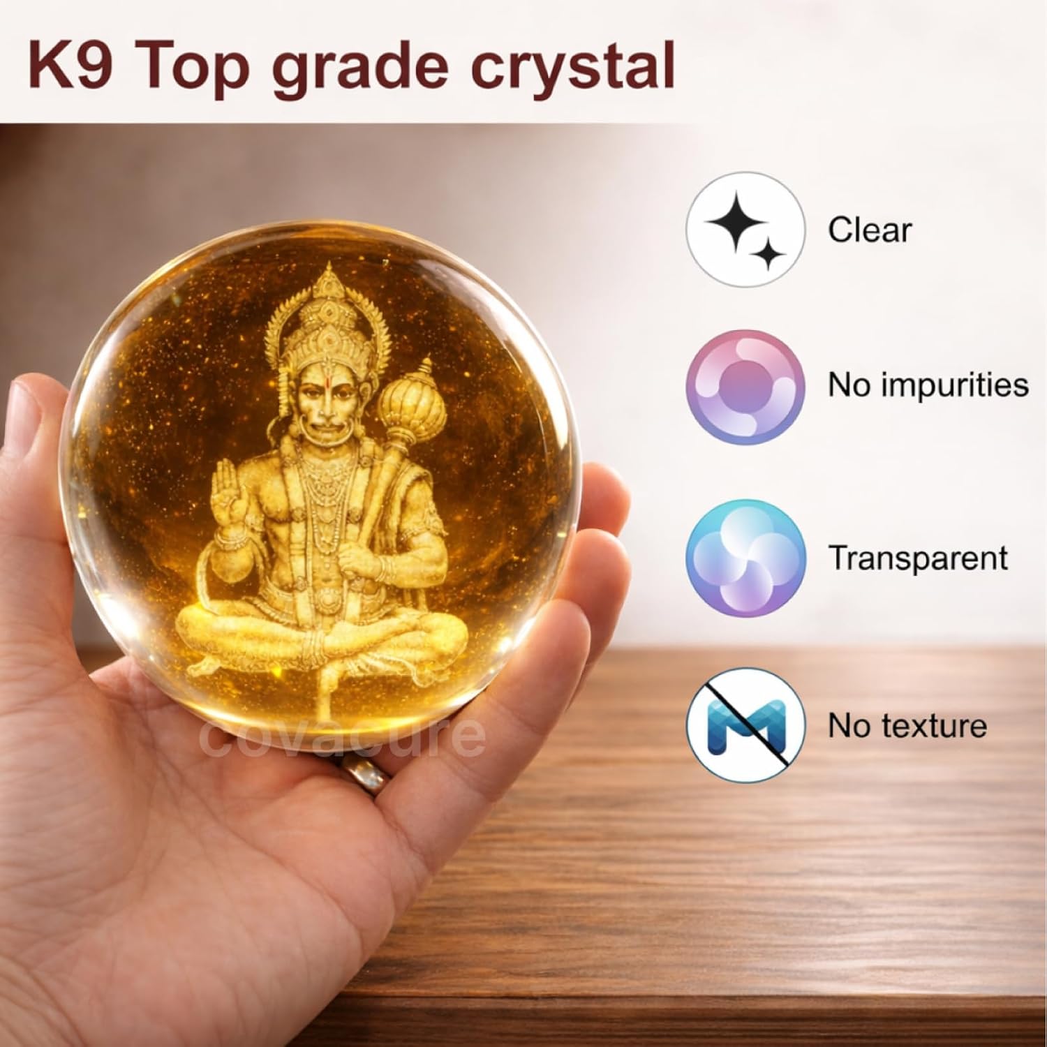 Lord Hanuman 3D Laser Engraved Crystal Ball LED Night Light with Wooden Base