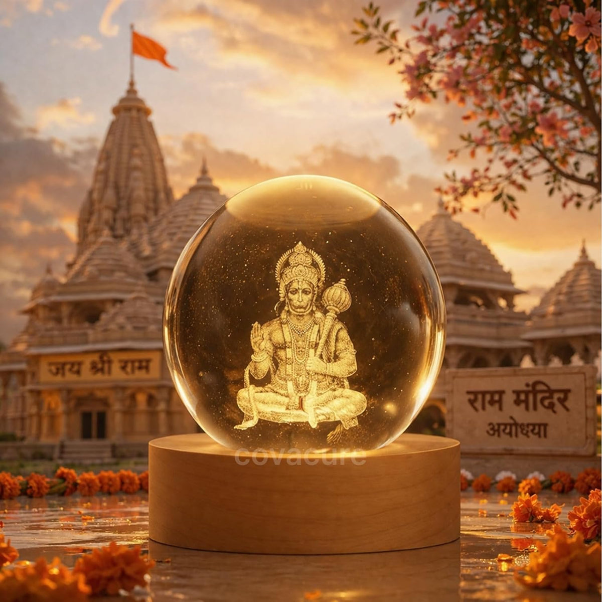 Lord Hanuman 3D Laser Engraved Crystal Ball LED Night Light with Wooden Base