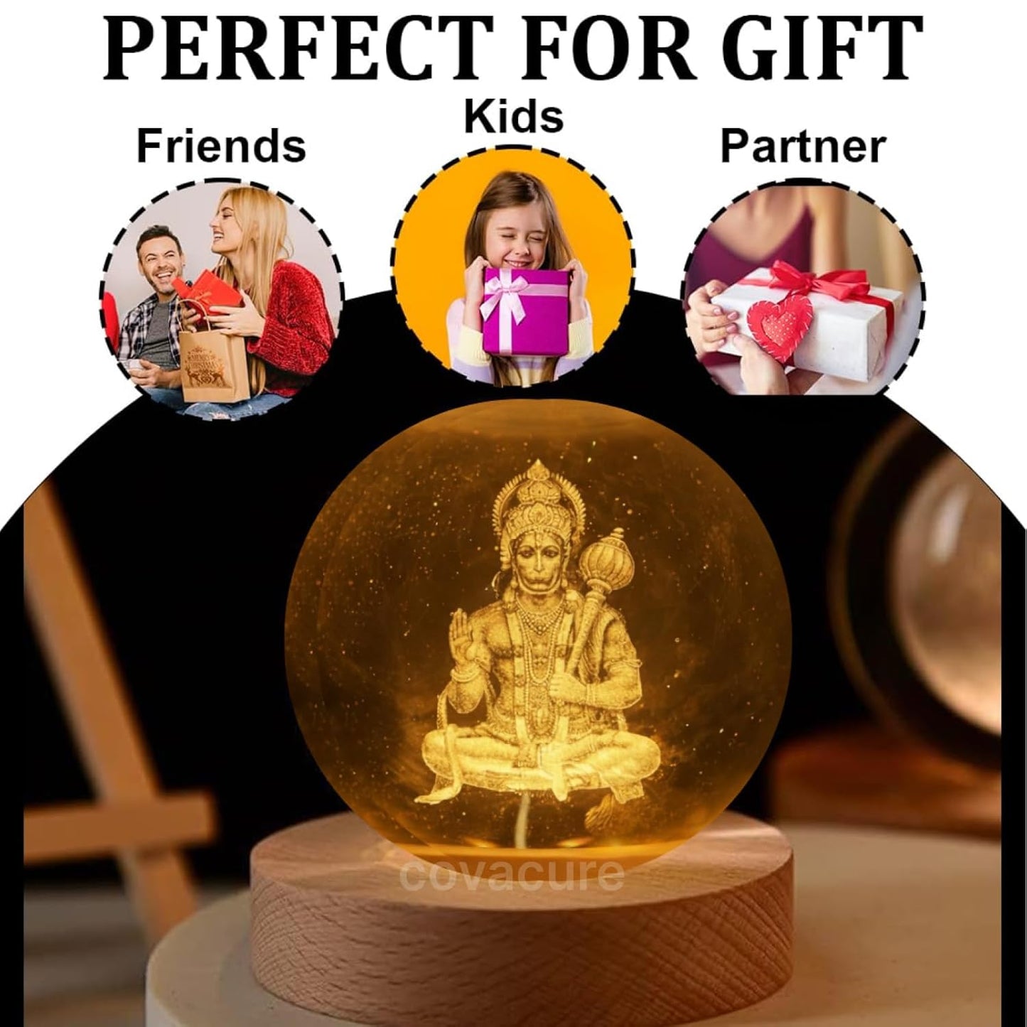 Lord Hanuman 3D Laser Engraved Crystal Ball LED Night Light with Wooden Base