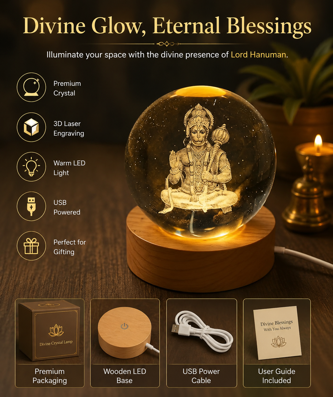 Lord Hanuman 3D Laser Engraved Crystal Ball LED Night Light with Wooden Base